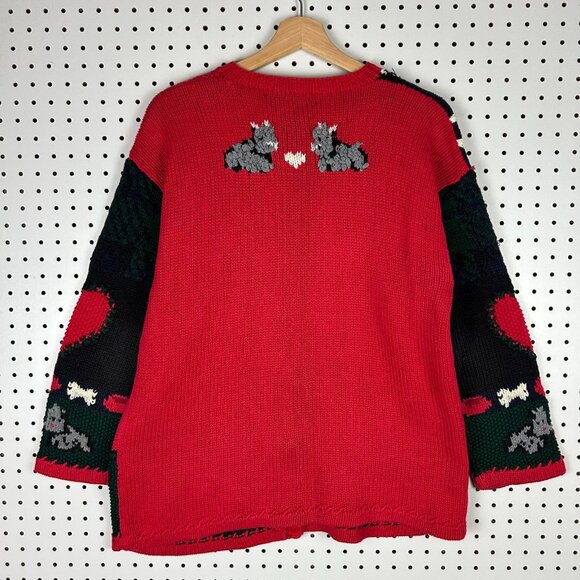 Eagle's Eye Knit Dog Cardigan Sweater Medium Vintage 90s Red Grandma Puppy Ramie - Picture 4 of 6